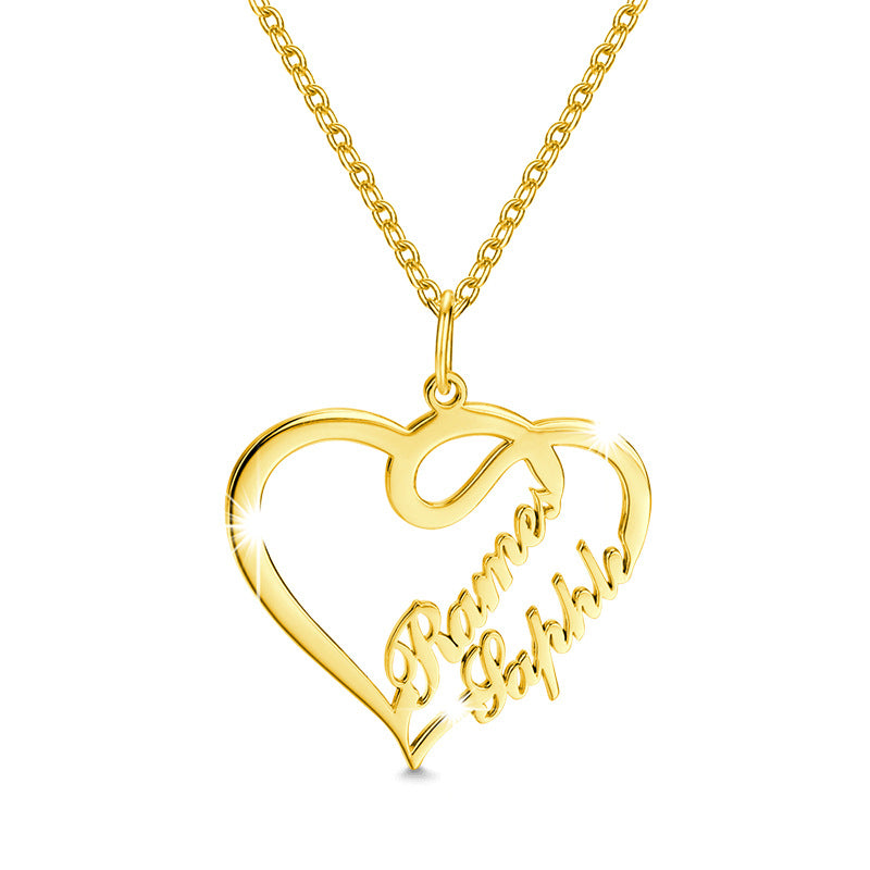 Gold heart-shaped necklace with 'Forever Love' engraving on a white background