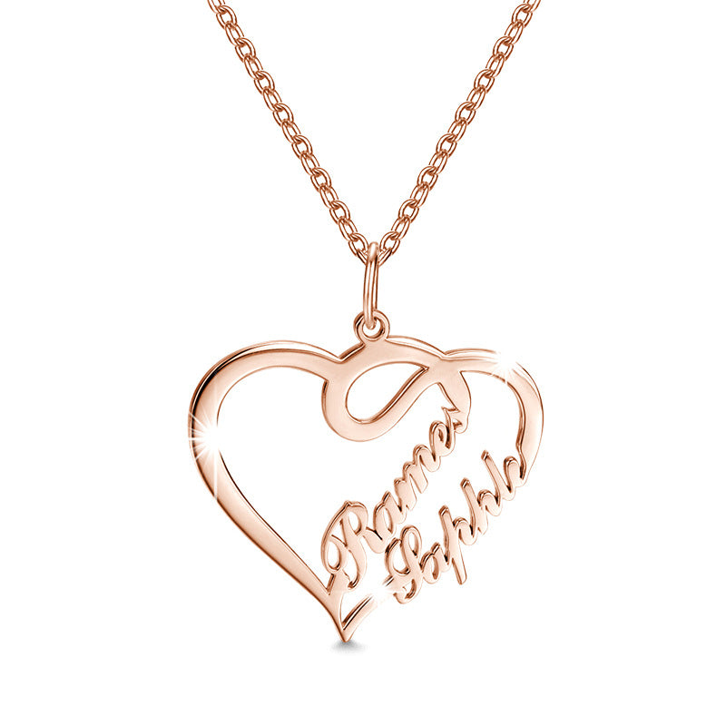 Rose gold heart-shaped necklace with 'Forever Love' engraving on a white background